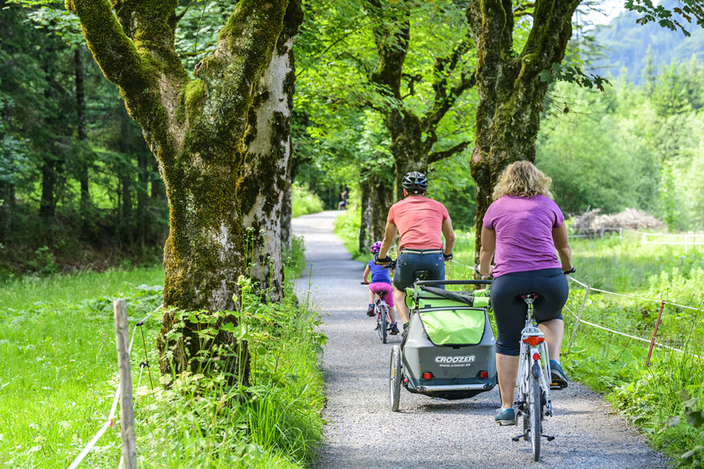 Famille faisant du vélo avec porte-vélos