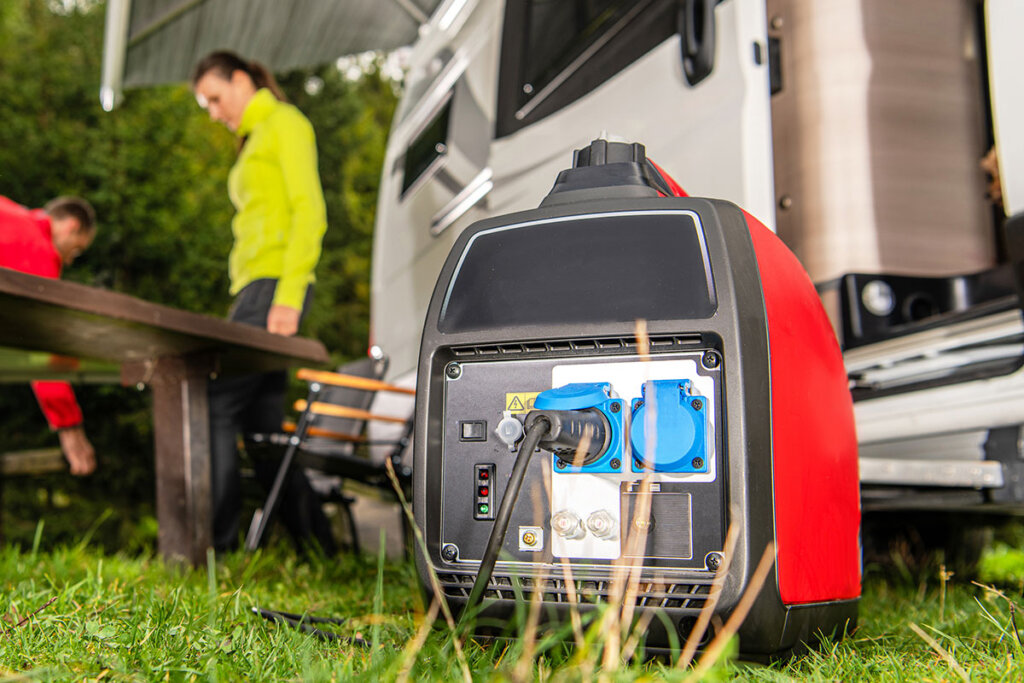 Un homme fait fonctionner un groupe électrogène à inverseur devant son camping-car